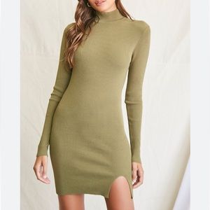 Mock neck ribbed long sleeve sweater dress mini w slit NWOT